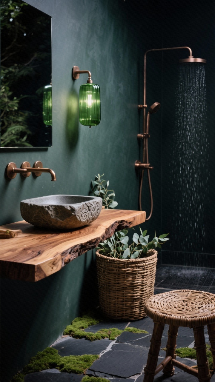 Photorealistic detail shot focusing on natural textures: live-edge walnut vanity top with a carved stone basin; backdrop of walls in deep smoked sage; dark slate flooring with uneven edges; mossy green glass sconces casting gentle greenish warmth; bronze rain shower with hand-wand visible in background; woven hamper, eucalyptus bundles, and a rattan stool adding softness. Nature-at-night ambiance.