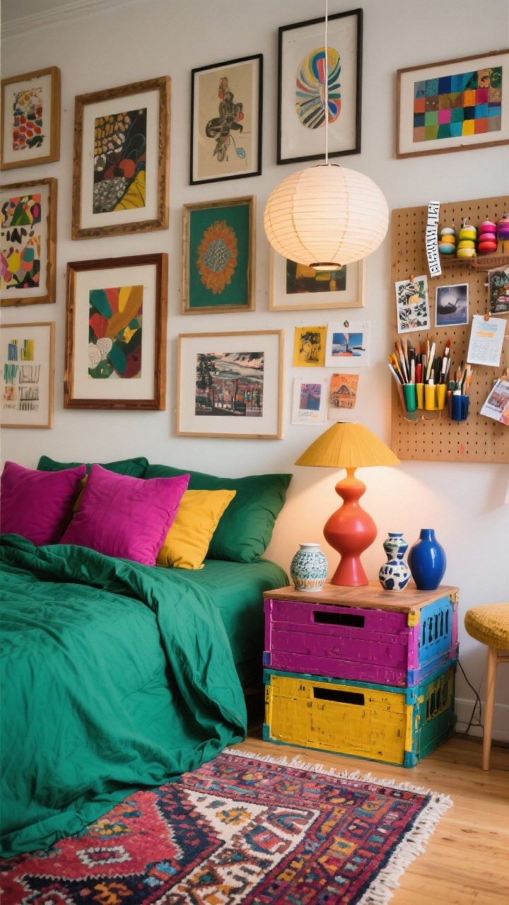 Photorealistic detail shot of an artsy maximalist gallery wall and bedside: emerald duvet spilling into frame with magenta and mustard pillows, patterned kilim rug beneath. A salon-style mix of prints, postcards, and DIY art in mismatched frames densely arranged on the wall. Stacked colorful crates as a nightstand holding quirky ceramics, a sculptural statement lamp in a bold shape, and a paper lantern overhead softly diffusing light. A pegboard with paints, brushes, and washi-taped inspiration clippings to one side. Palette: emerald, magenta, mustard, cobalt accents. Warm, creative studio lighting.