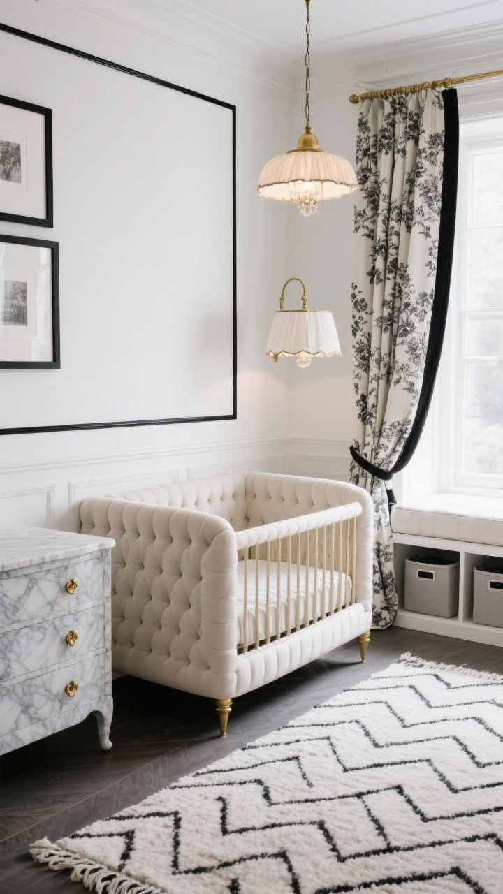 Photorealistic detail shot of High-Contrast French Nursery Chic elements: creamy white wall with skinny black picture-frame molding; close view of a tufted linen or curved upholstered crib rail; marble-topped dresser with vintage brass pulls catching light; petite chandelier with fabric shades softly glowing; herringbone wool rug texture underhand; edge of toile/floral drapes in black and cream; modern storage bins tucked into a built-in window seat blurred in the background; elegant, Parisian contrast in cream, black, brass, soft gray.