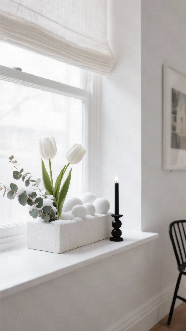 Photorealistic detail shot, straight-on, of a minimalist window vignette. A smooth plaster-look window box painted soft white holds white faux tulips, snow-dusted eucalyptus, and matte white ceramic spheres arranged as sculptural forms. A single black taper candle in a low holder sits inside the box for a sharp graphic accent. Surroundings are quiet: a linen roman shade above, pared-back art out of focus, and a black metal chair edge visible to ground the scene. Colors: white on white with one black accent. Airy, gallery-like, soft daylight.