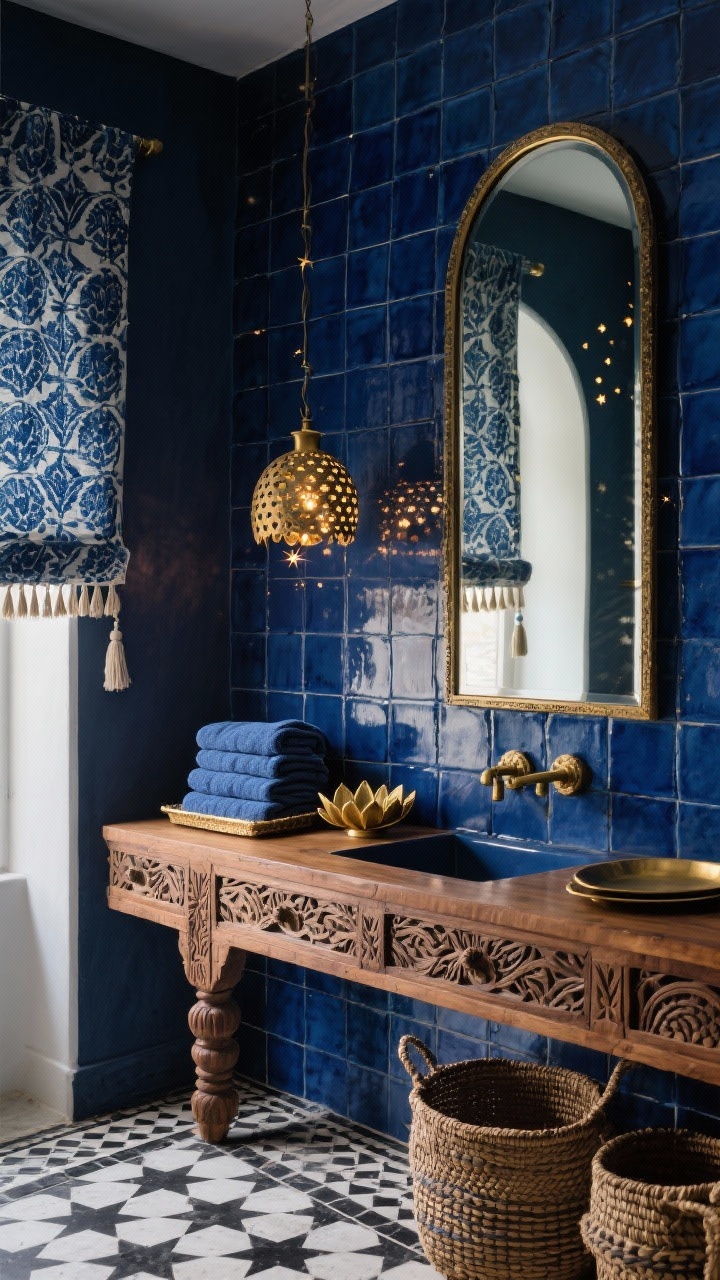 Photorealistic detail/texture shot, Global Indigo: deep indigo glazed tile wall behind a hand-carved mango wood vanity; brass lotus pulls catching warm light; tall arched mirror reflecting a perforated brass pendant that scatters starry light; edge of black-and-cream geometric star cement floor tiles in frame; indigo block-printed roman shade with tassel trim; dyed cotton towels neatly stacked, brass trays, and a handwoven basket set; rich, moody ambiance; no people.