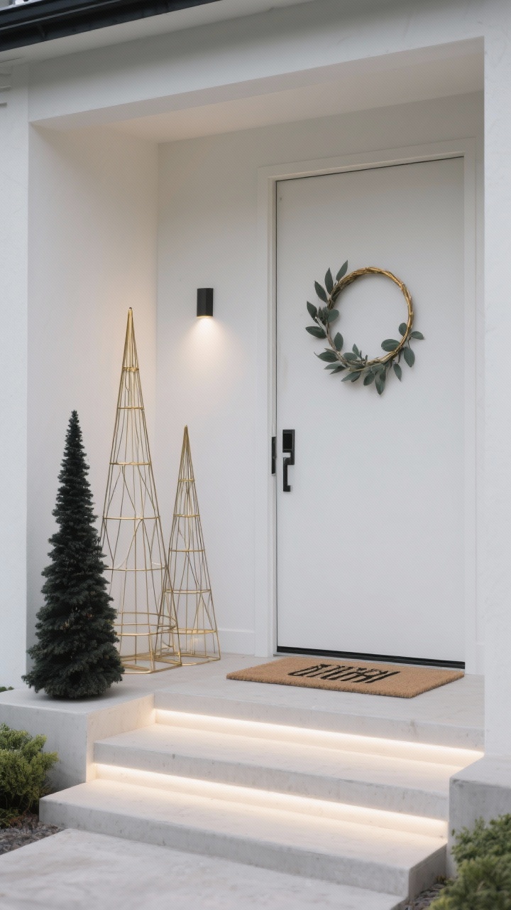 Photorealistic detail-to-medium shot, minimalist modern entry with geometric focus, straight-on: two or three wireframe cone trees in varying heights (matte black and/or brushed brass) clustered beside the door; a simple hoop wreath with a single sprig of eucalyptus on a clean door; low-profile LED path lights lining the steps; a neutral doormat with monochrome typography. Palette: charcoal, brass, ivory, evergreen accents. Forms: cones, circles, straight lines. Lighting: all warm-white for a restrained, gallery-like glow; smooth metals contrasted with soft greenery.