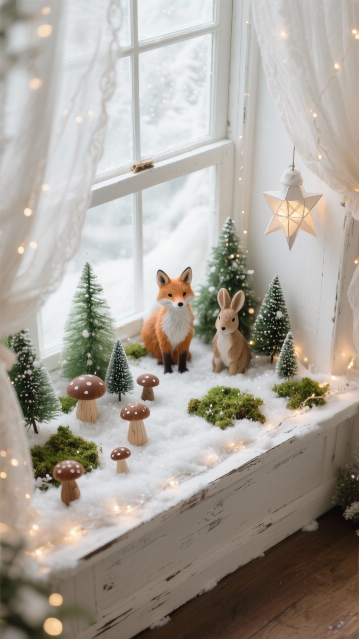 Photorealistic diorama-style closeup from a slight overhead angle of a white-washed window box turned fairy-tale scene. Mossy patches and faux snow blanket the base, with tiny wooden mushrooms and mini bottlebrush trees arranged in clusters. A pair of small woodland animal figurines—a fox and a hare—peek among the trees. Twinkling micro-lights are layered low to mimic snow sparkle. Gauzy curtains softly frame the window edges; a paper star lantern glows in the corner. Palette: snow white, moss green, cinnamon brown. Enchanting storybook mood.