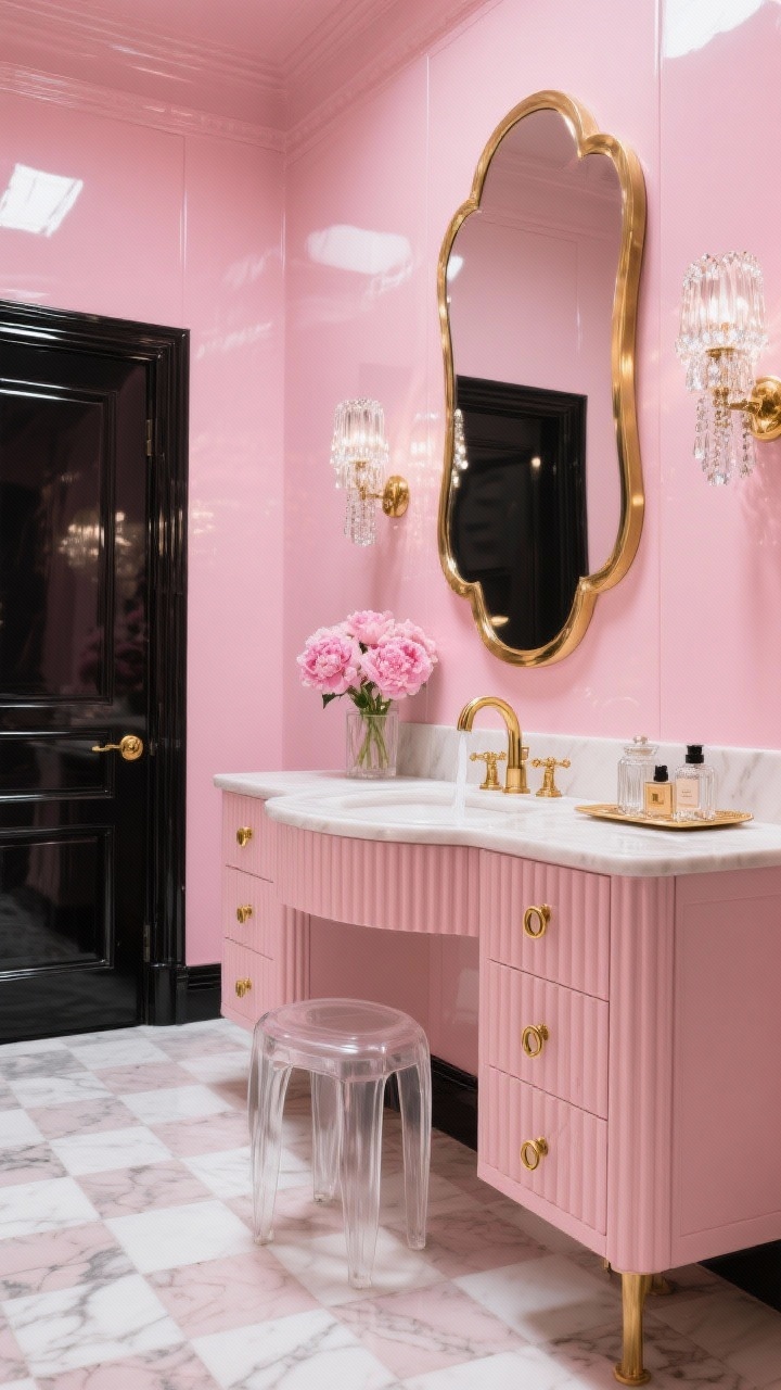 Photorealistic glamorous medium shot of a Hollywood Regency bathroom: high-gloss bubblegum lacquer walls reflecting light, checkerboard marble floor in white and blush with a mirror-like polish; vanity with soft pink fluted fronts beneath an oversized gilded mirror with scalloped corners; crystal sconces sparkling, gold waterfall faucet, Lucite stool; oversized brushed-gold ring pulls, perfume tray with pink peonies and glass canisters on the vanity; glossy black door and trim adding dramatic contrast.