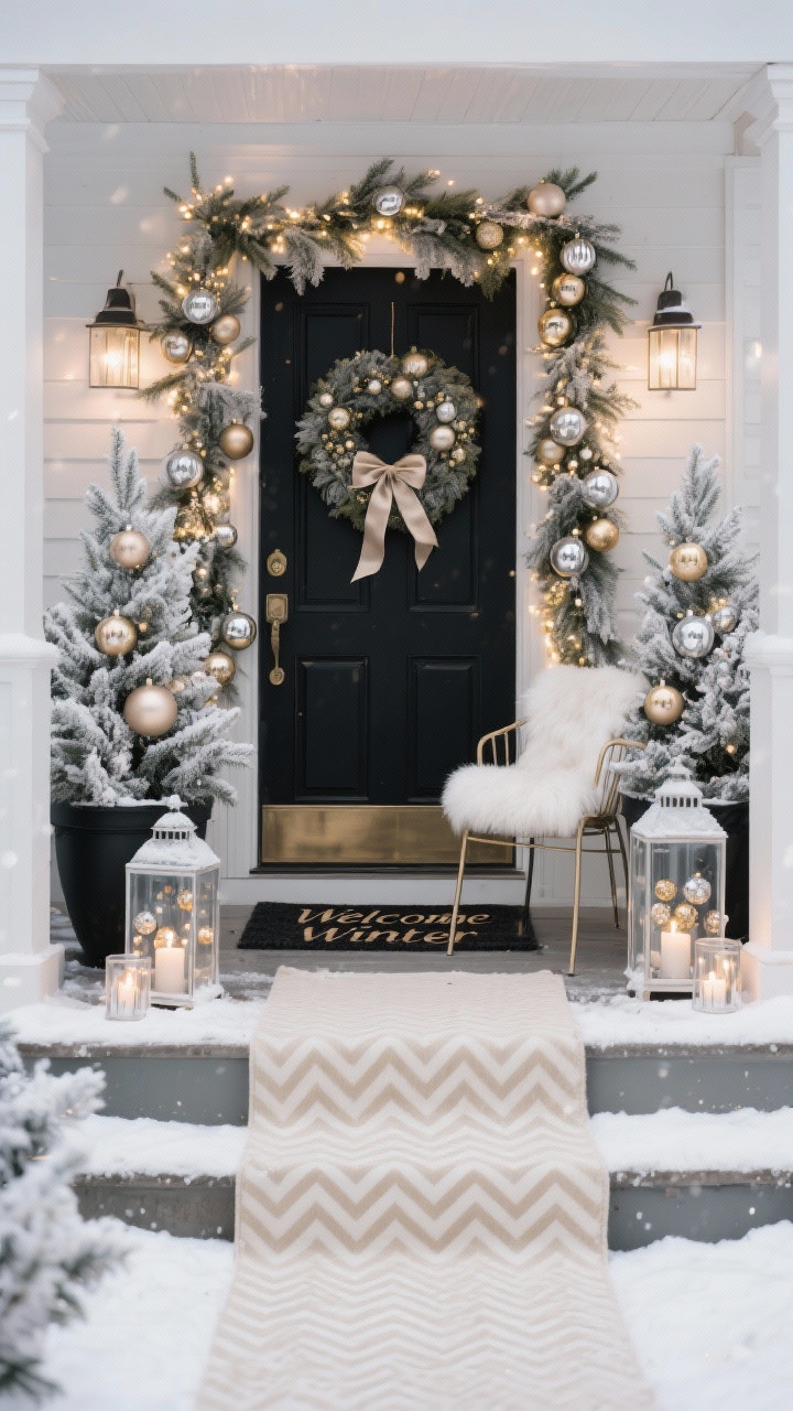 Photorealistic glamorous winter porch, straight-on medium shot, Frosted Evergreen Glam. Snow-tipped garland framing the door; matching potted evergreens in matte black planters. Metallic ornaments in champagne, silver, and soft gold tucked into the greens. Twinkle lights woven through the garland; mercury glass votives glowing on the steps. Slim bistro chair with a white faux fur seat pad. Cream herringbone runner under a “Welcome Winter” mat. Velvet ribbon wreath on the door. Clear glass lanterns filled with mini ornament clusters. Cool, elegant winter light with soft sparkle and subtle reflections.