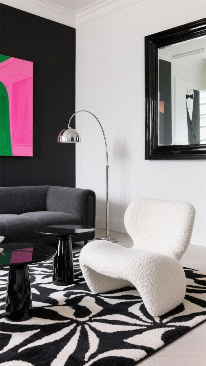 Photorealistic graphic boutique-style medium shot: a sculptural bright white bouclé chair with curving, art-like form set on a bold black-and-white graphic rug; glossy black pedestal coffee table; crisp white walls with one black limewash accent wall; slim charcoal tuxedo sofa in background; chrome arc floor lamp; modern art with hot pink and kelly green confined to a single wall; oversized black-framed mirror reflecting light; finishes of high gloss, bouclé, chrome; high-contrast lighting, no people.