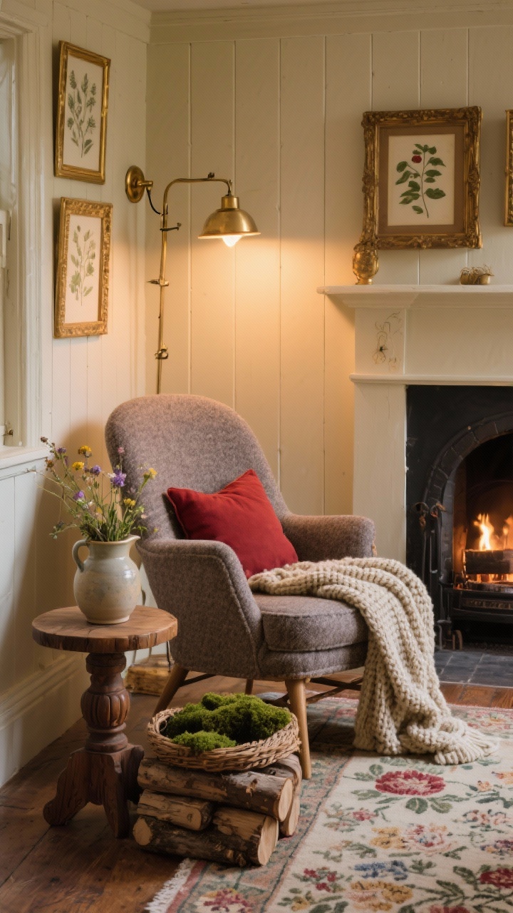 Photorealistic hearthside detail shot: cozy cottage setting with a heathered tweed egg chair angled toward a fireplace; buttermilk walls with painted beadboard; brass accents and a classic swing-arm sconce casting warm light; carved oak stool as side table holding a ceramic pitcher of wildflowers; chunky knit throw draped over the chair; vintage floral rug; stacked log basket; botanical prints in gilt frames; cranberry and moss cushions; intimate evening warmth, no people.