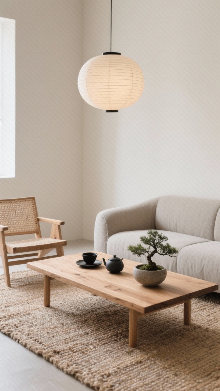 Photorealistic low-angle medium shot capturing Japandi calm: a low, wide solid-oak plank coffee table with softened edges and visible grain sits on a natural jute-sisal blend rug with tonal variation. A softly curved greige linen sofa and woven paper-cord accent chairs rest against a pale putty wall. Overhead, a rice paper lantern pendant diffuses mellow light. Minimal styling: black stoneware tea set, a small bonsai, and a low ceramic ikebana bowl on the table. Centered, meditative mood with soft daylight and balanced negative space.
