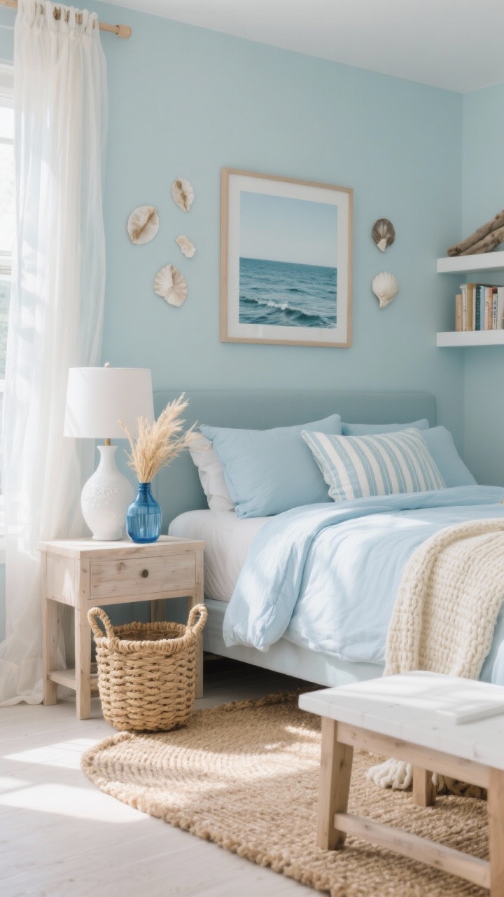 Photorealistic medium, airy corner angle of a coastal calm sanctuary: seafoam/powder blue bedding with a knit cream blanket and striped coastal pillows. A bleached wood nightstand with a white ceramic lamp and blue-glass vase filled with dried grasses. A rope-handled basket beside the bed, sheer curtains filtering daylight, and ocean photography with framed pressed shells on the wall. Jute or sisal rug underfoot and light wood accent table with white book ledges in background. Palette: soft blue, cream, sand, driftwood. Bright, natural daylight with soft shadows.