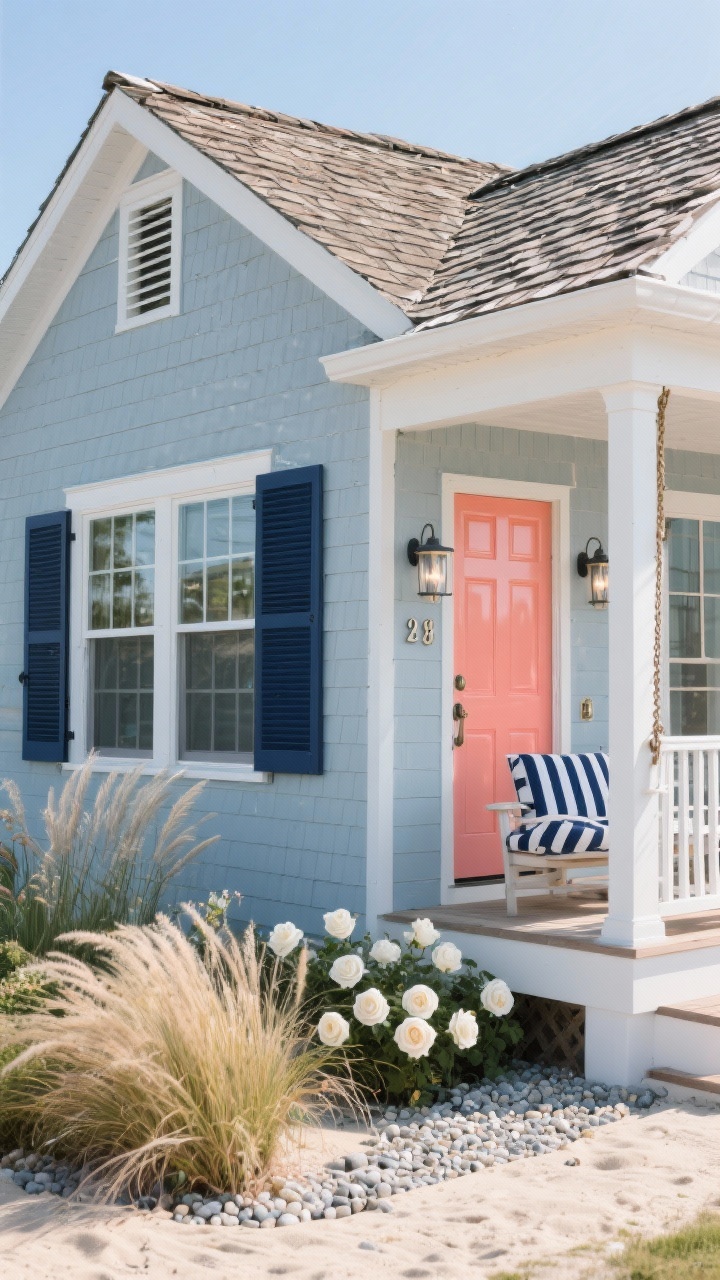 Photorealistic medium, angled corner view of a breezy coastal cottage exterior in bright daylight: siding in whisper-light coastal mist blue-gray, bright white trim and railings, window muntins and shutters in rich nautical navy. A glossy lacquered coral front door with polished nickel house numbers, maritime bulkhead sconces, and a cedar shake roof. Foreground landscaping includes ornamental grasses, white roses, and pea gravel path for beachy crunch; a navy-and-white striped bench cushion on the porch swing ties the palette.