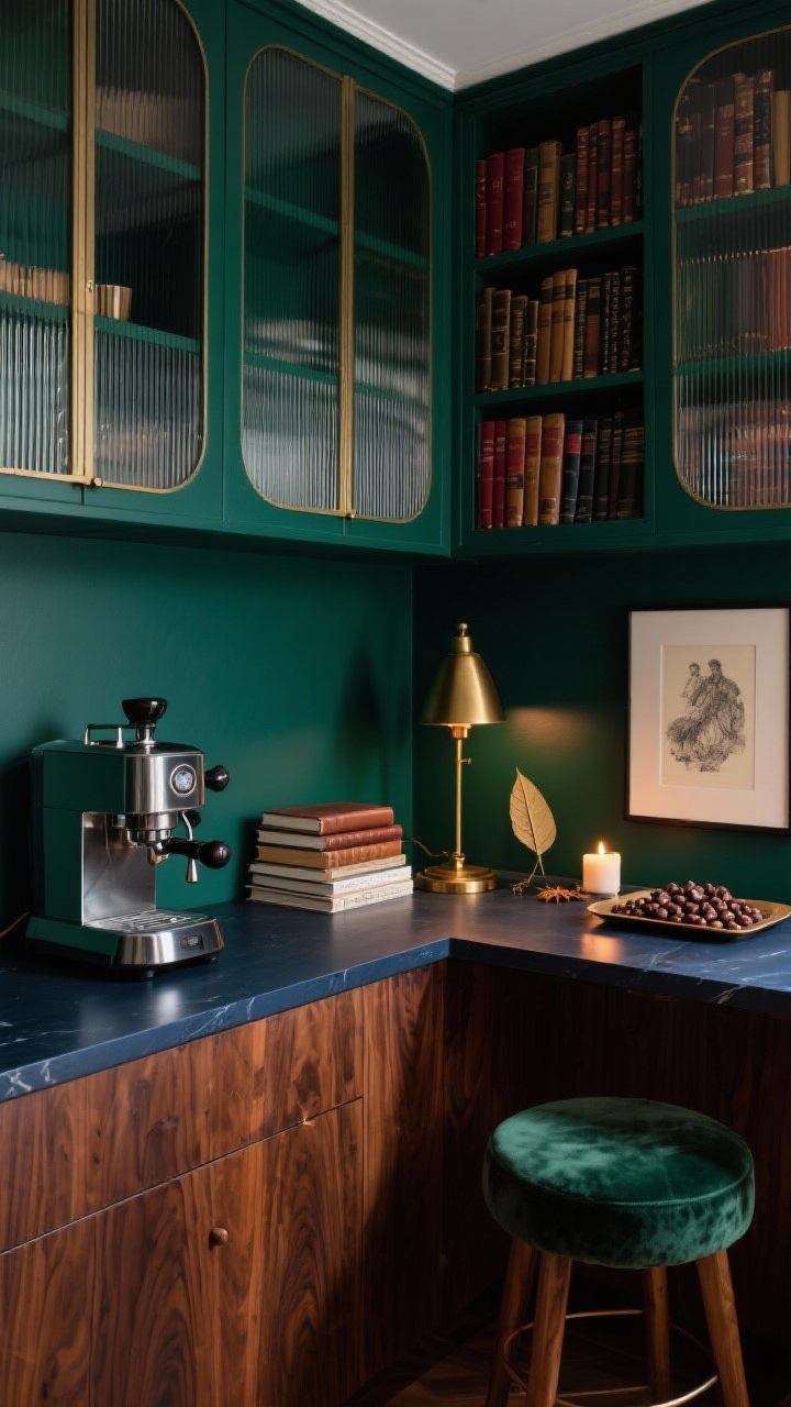 Photorealistic medium-close shot, moody corner angle: a library-inspired coffee den painted deep ink green with floor-to-ceiling shelving featuring ribbed glass cabinet doors; walnut counter hosting a classic lever espresso machine and a vintage brass desk lamp casting warm pools of light; leather-bound journals stacked beside a framed etching; tray with chocolate-covered espresso beans; velvet stool tucked nearby; color story of deep green/navy, walnut, brass, oxblood; materials of stained wood, ribbed glass, velvet, leather; tobacco leaf and cardamom candle glowing softly