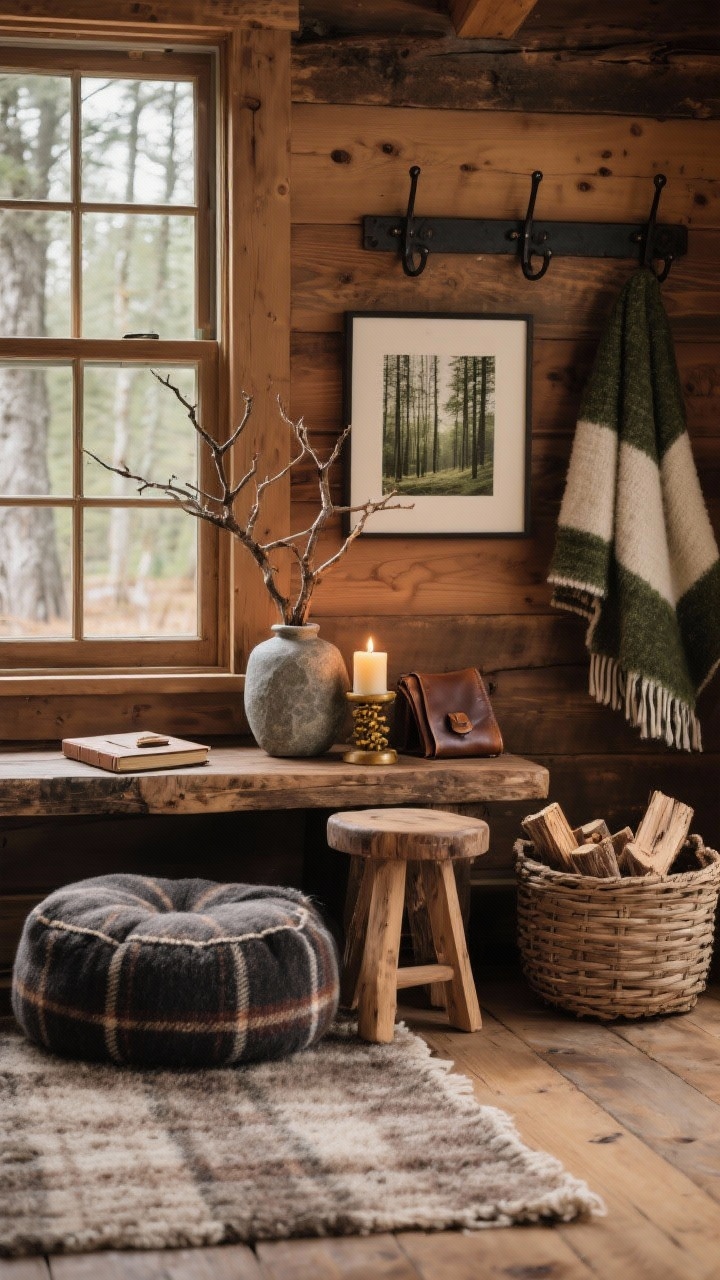 Photorealistic medium closeup of a rustic cabin retreat vignette: warm wood tones from a reclaimed-wood console against a wall, a wool plaid or heathered rug below, and a thick floor cushion or simple kneeling bench nearby. Iron wall hooks hold folded blankets; a basket of logs sits to one side (hinting at a fireplace). A foraged branch in a stone vase, a beeswax candle giving a honeyed glow, and a leather-bound journal on a small wood stool complete the scene. If visible, a window with muntins hints at trees outside or a framed forest print stands in. Colors: walnut, coal, cream, forest green; textures: wool, leather, iron, raw wood; cozy and grounded; no people.