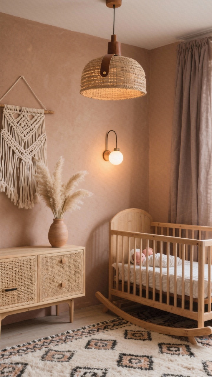 Photorealistic medium closeup of an Earthy Minimal Boho corner: soft clay walls, natural wood crib with clean lines partially in frame, wool Moroccan-style rug pattern beneath, macramé wall hanging providing gentle dimension, cane-front dresser topped minimally, linen curtains in muted taupe pooling lightly, pampas grass arrangement in a tall vase (out of baby’s reach) adding movement, woven pendant overhead; leather tab pulls visible; dimmable sconce over the glider casting warm evening light; calm, grounded mood.