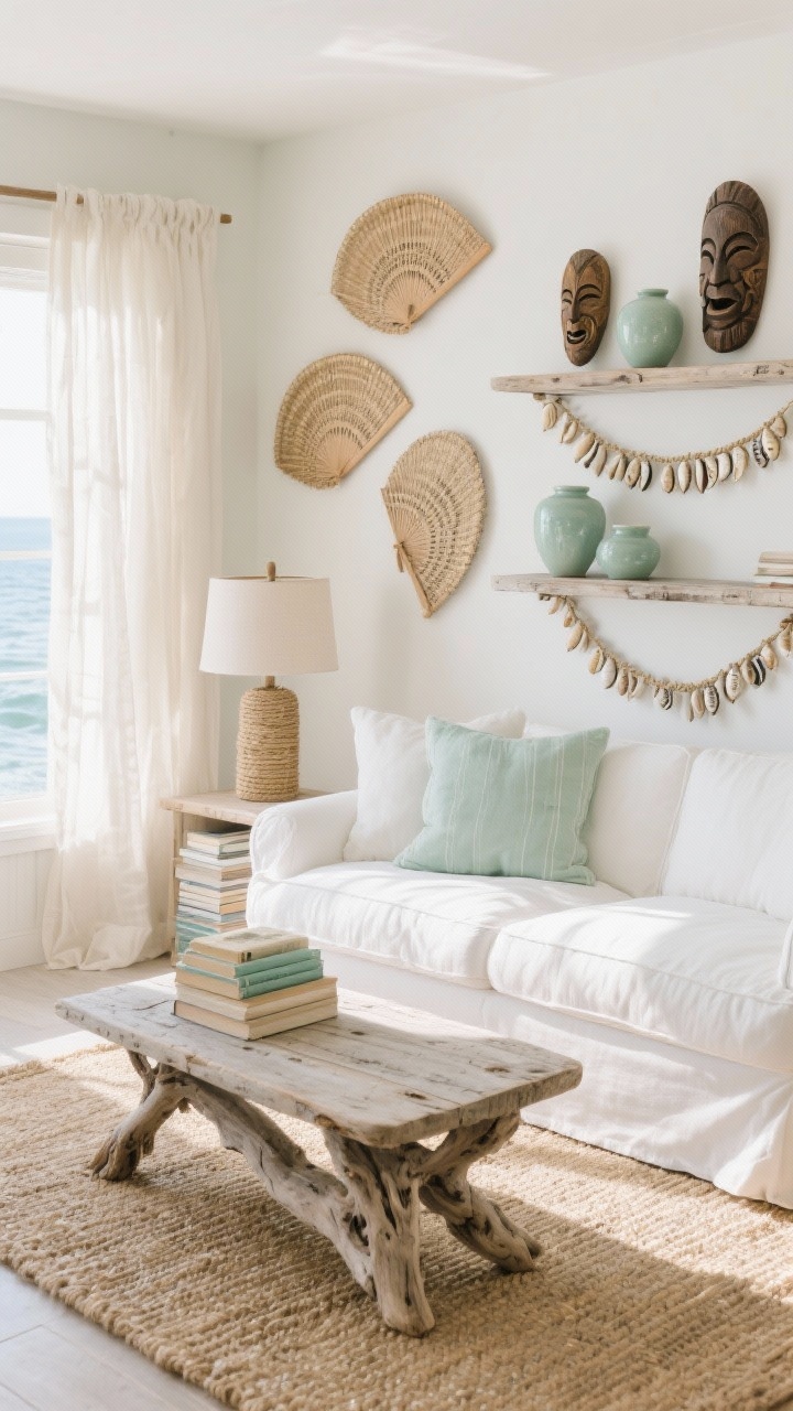 Photorealistic medium coastal vignette with airy light: chalky white slipcovered sofa on a seagrass rug, paired with a weathered driftwood coffee table; shelves styled with cowrie shell garlands, carved masks, and pale ceramics; wall art of three woven fans; gauzy curtains catching daylight; rope-wrapped lamp on a side table and linen-covered books stacked neatly; palette sand, sea-glass green, chalk white, weathered wood; breezy, sunlit atmosphere.