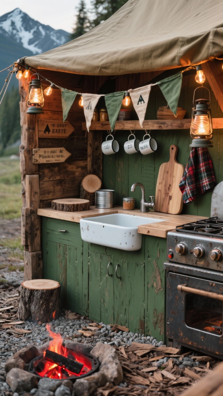 Photorealistic medium corner angle of an Alpine Camp Cookout mud kitchen: cedar-plank construction beneath a canvas awning, rugged enamel basin sink, faux camp stove with tactile control knobs on the counter, enamel mugs hanging next to a flannel tea towel, log slice cutting board and tin spice tins; colors of forest green, charcoal, and fire-red accents; gravel fire ring (no flame) nearby and wood chip flooring; trail signs, camp pennant, lantern-style string lights adding a cozy camp glow.
