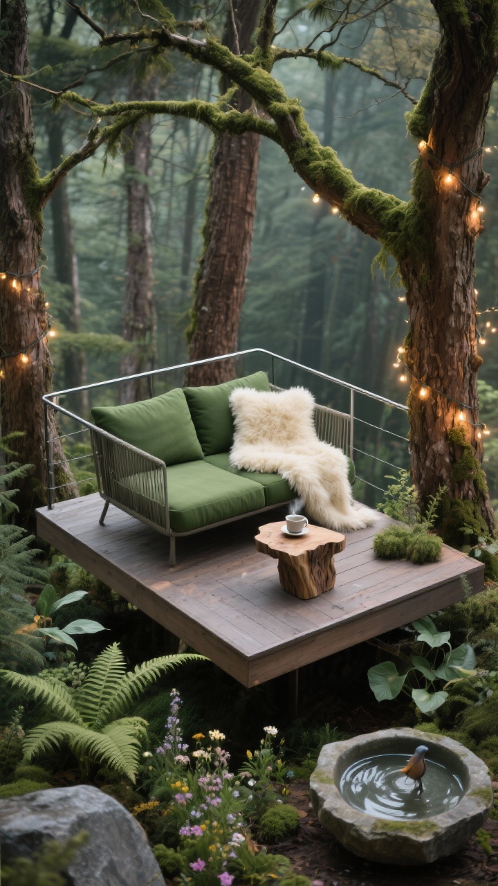 Photorealistic medium corner-angle shot of a “Forest Canopy Platform”: floating deck platform nestled under branches, deep green outdoor cushion set with a cream faux-sheepskin throw; slim steel cable perimeter railing keeping views open; small live-edge slab side table with a steaming tea cup; stone birdbath nearby with gentle ripples; ferns, hostas, native wildflowers, and dwarf conifers surrounding; warm fairy lights wrapped around tree trunks creating dappled glow. Colors: moss, bark brown, stone gray, cream. Mood: secluded, woodland calm.