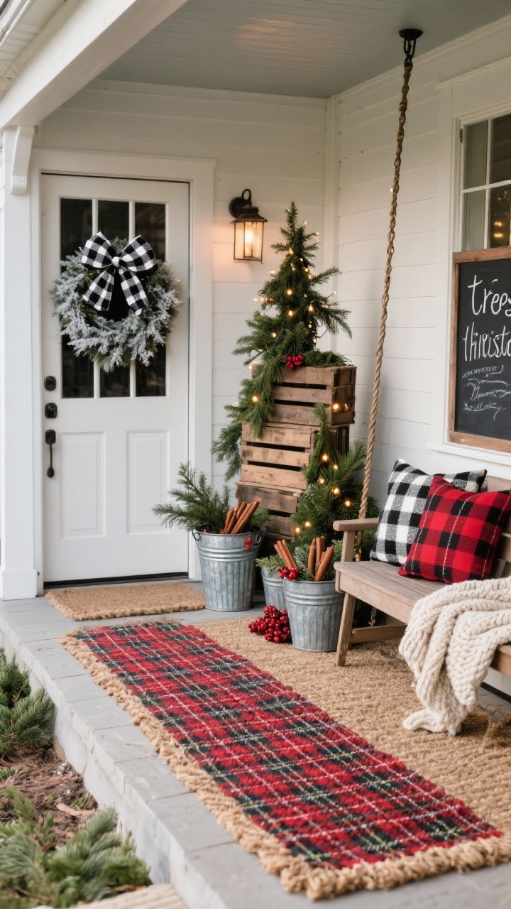 Photorealistic medium corner shot of a farmhouse plaid porch vignette: buffalo plaid runner layered over a coir mat; vintage wooden crates stacked into small “trees” with cedar greenery spilling out and mini string lights woven through; a flocked wreath with a bold black-and-white plaid bow on the door; galvanized buckets filled with cedar clippings, cinnamon sticks, and red berries; a porch swing or bench with plaid pillows and a chunky knit throw; a small chalkboard sign with a handwritten holiday greeting. Palette: black, white, cranberry red, evergreen. Metals: galvanized steel, matte iron. Warm, inviting lighting.
