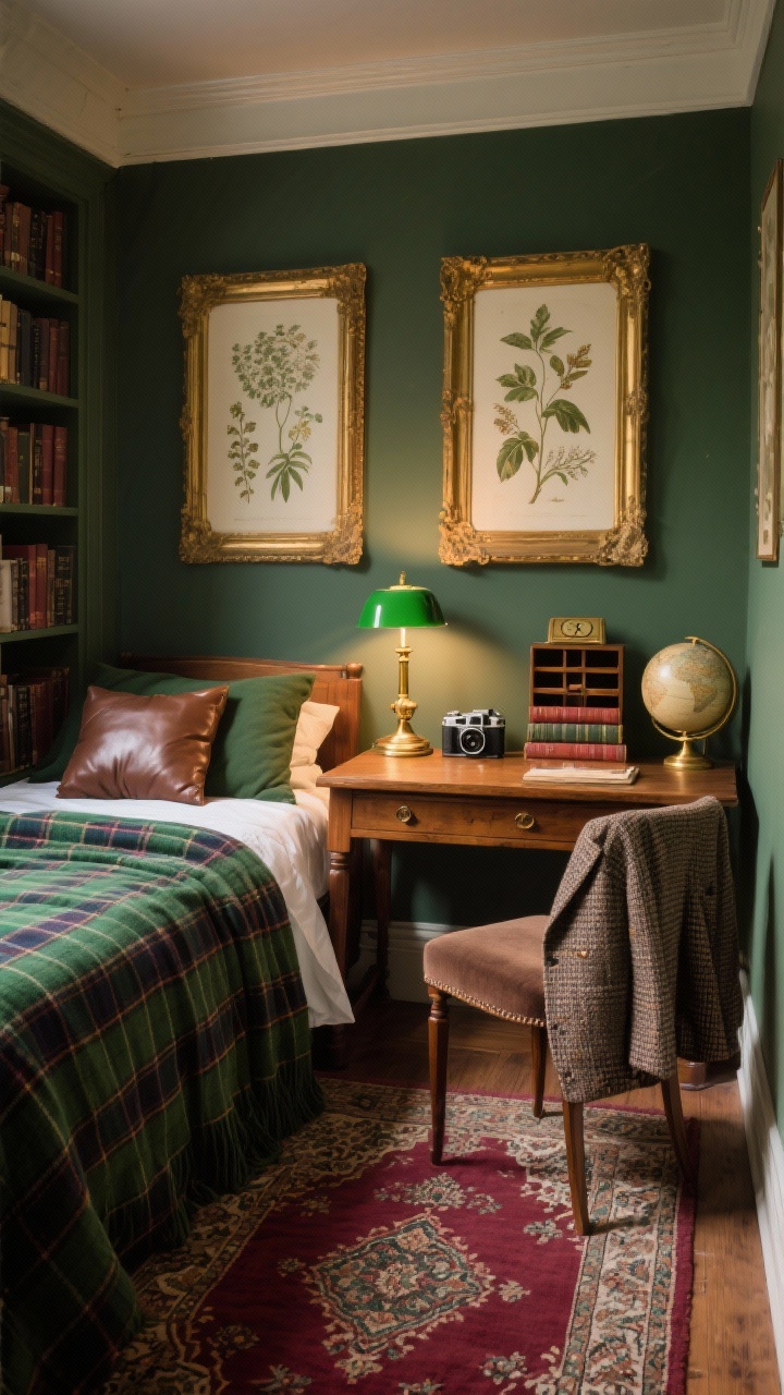 Photorealistic medium corner shot of a vintage academia nook: plaid flannel bedding with a hunter green throw and faux-leather pillows on a twin bed. A burgundy Persian-style rug grounds the scene. Above the desk, classic art prints and botanical illustrations in gold frames. On the desk: green banker’s lamp glowing, wood desktop organizer, brass clock, stacked hardcover books, and a vintage camera next to a small globe. A tweed blazer casually draped over the chair. Palette: forest green, burgundy, brass, chocolate brown. Warm lamplight with cozy library ambiance.