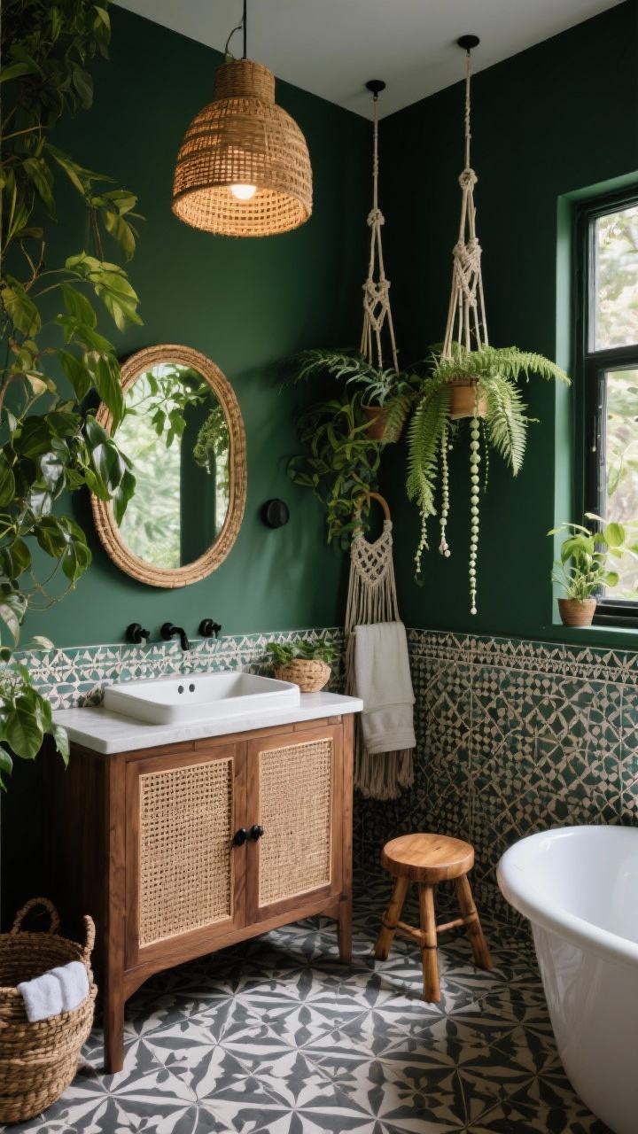 Photorealistic medium corner view, Jungle Nook: deep forest green walls with zellige-style tile around the sink; medium walnut vanity with cane-panel doors and matte black hardware; a curved rattan mirror above; plants cascading from macramé hangers—pothos, ferns, string of pearls—near a window; Moroccan-style patterned floor tile in charcoal and cream; bamboo pendant light casting a dappled leafy glow; woven baskets for towels and a small teak stool by the tub; moody, lush atmosphere; no people.