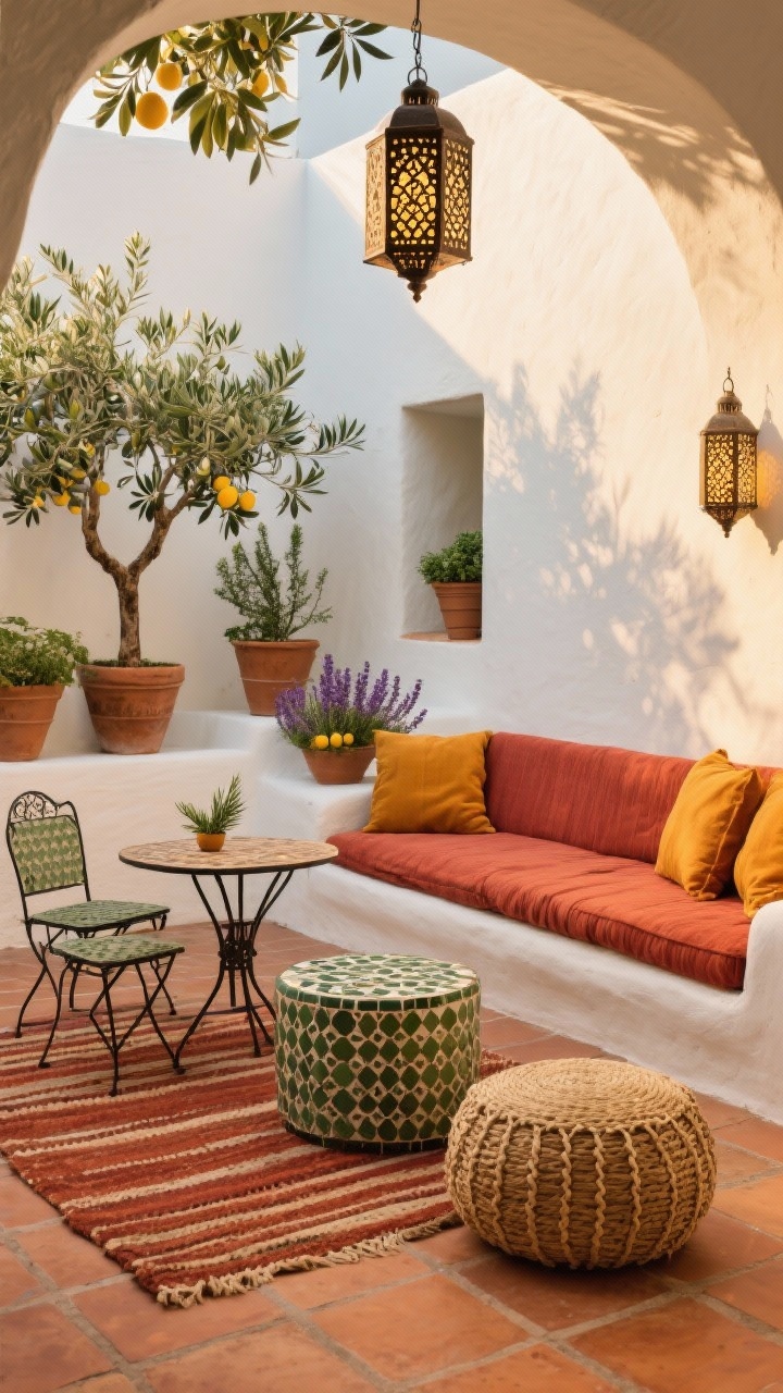 Photorealistic medium courtyard scene in golden hour: sun-baked terracotta tile ground, white stucco walls, olive trees in clay pots; built-in stucco bench with paprika and ochre textiles, paired with an iron bistro set and a mosaic-tiled side table; rust-striped outdoor rug and woven seagrass poufs add texture; Moroccan lanterns with filigree cutouts hang overhead, scattering patterned light; rosemary, lavender, and potted citrus add greenery and scent; palette of terracotta, saffron, olive green, and chalky white; no people.