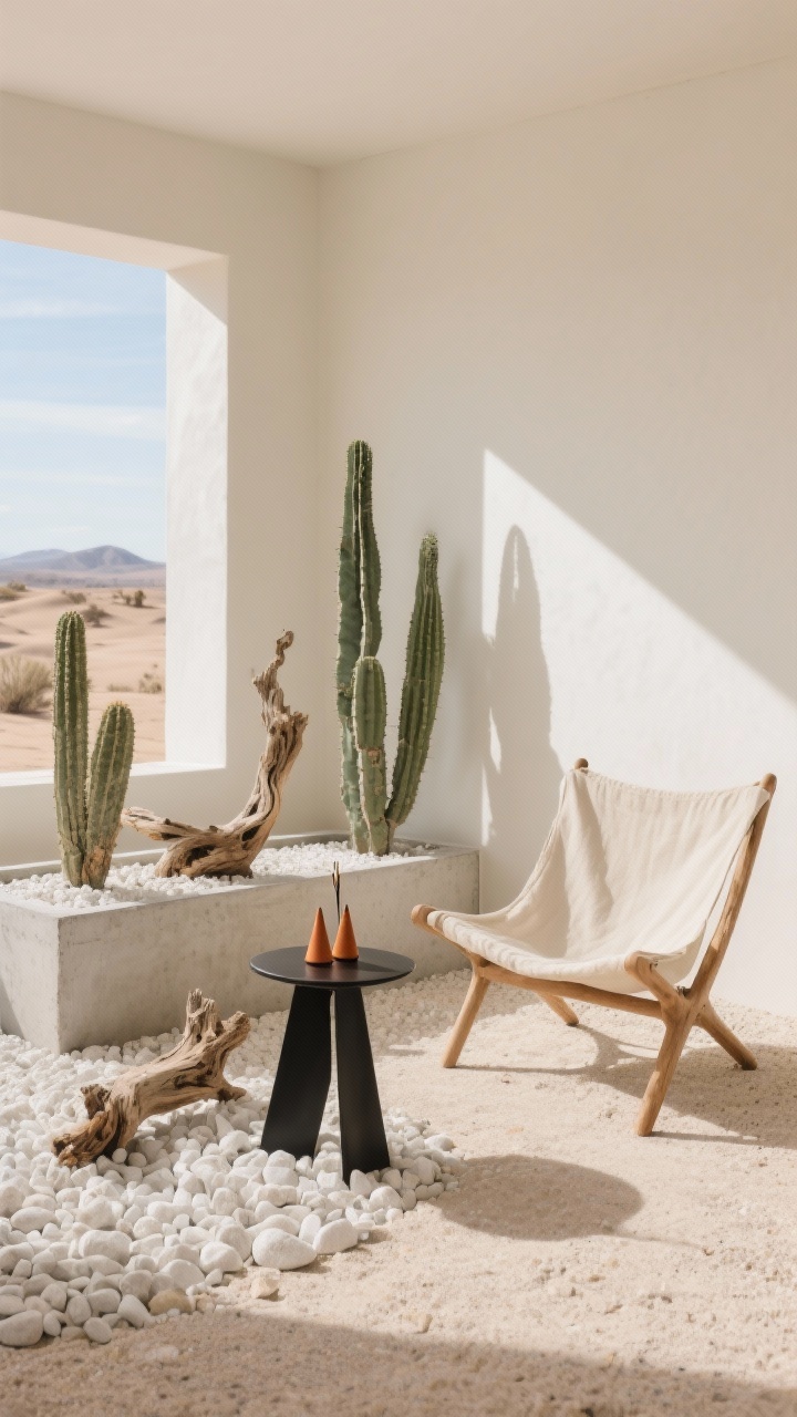 Photorealistic medium desert Zen vignette: cream-colored decomposed granite ground with sculptural architectural cacti placed as focal forms; driftwood sculptures resting on a bed of white gravel; raw concrete planters framing the scene; a linen sling chair in undyed, airy fabric; a single blackened steel side table adding sharp contrast; terracotta incense cones on the table; bright sunlit room with crisp shadows, minimal and dramatic; three-quarter angle highlighting forms and textures