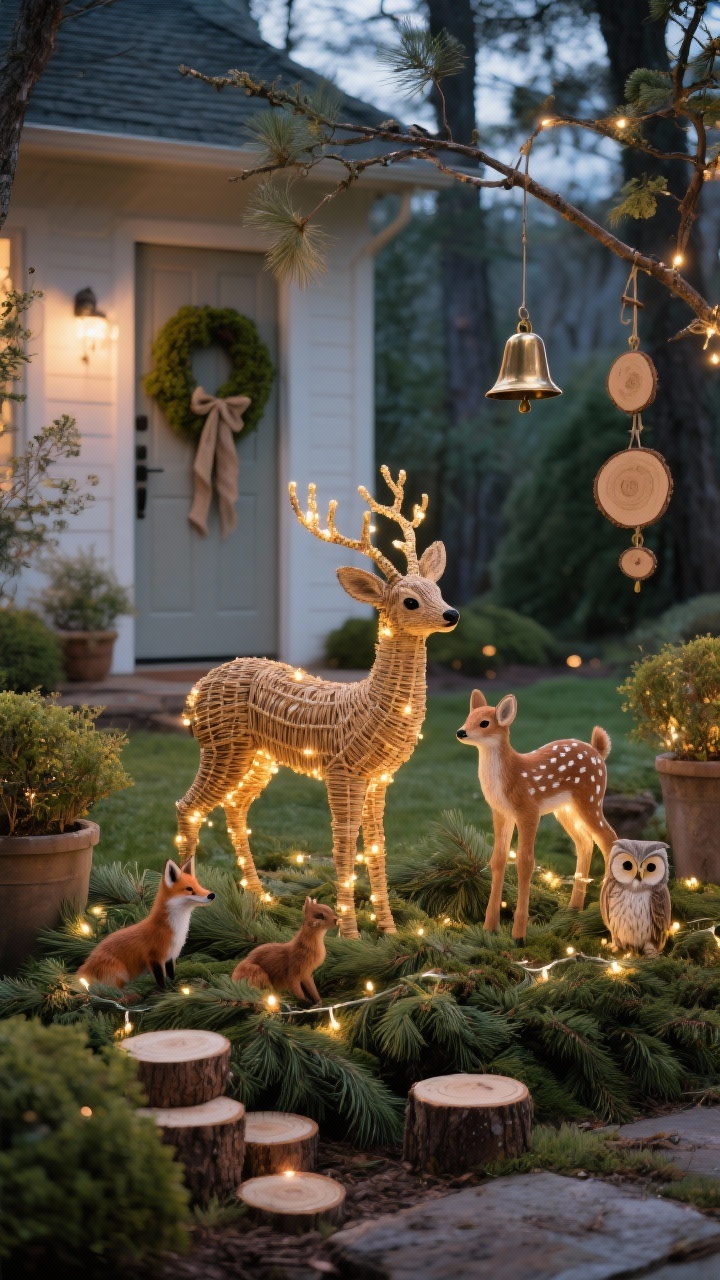Photorealistic medium garden scene at twilight with a rustic woodland look: woven rattan deer (mama and fawn) lit with warm micro lights standing on a bed of fresh pine boughs, additional small woodland critters like foxes and owls nearby; staggered wood-slice ornaments hanging from low branches; bronze bells that catch light; the front door in the background kept minimal with a mossy wreath and jute ribbon. Palette: moss, chestnut, aged gold, warm white. Lighting: twinkle lights woven low through shrubs and planters for a quiet, magical glow.