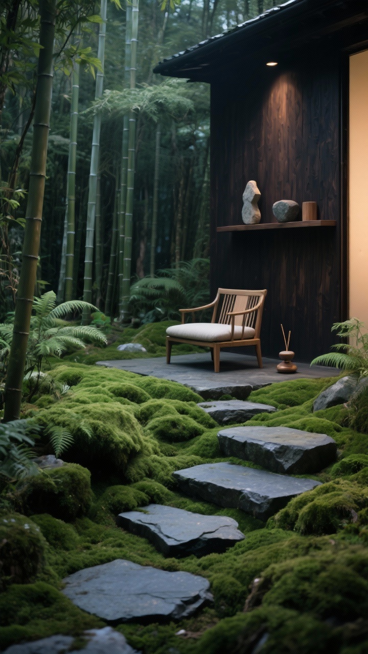Photorealistic medium garden scene, moss garden retreat with stone steps: lush layered living moss carpets, irregular basalt or slate stepping stones leading to a compact zaisu chair and floor cushion; low ferns beneath a backdrop of tall bamboo creating depth and softness; a dark wood wall shelf with minimal sculptural objects in stone and wood plus a single incense holder; subtle up-lighting for moody twilight ambience; texture-rich, immersive forest-floor feel; slightly low angle to emphasize depth of steps and moss