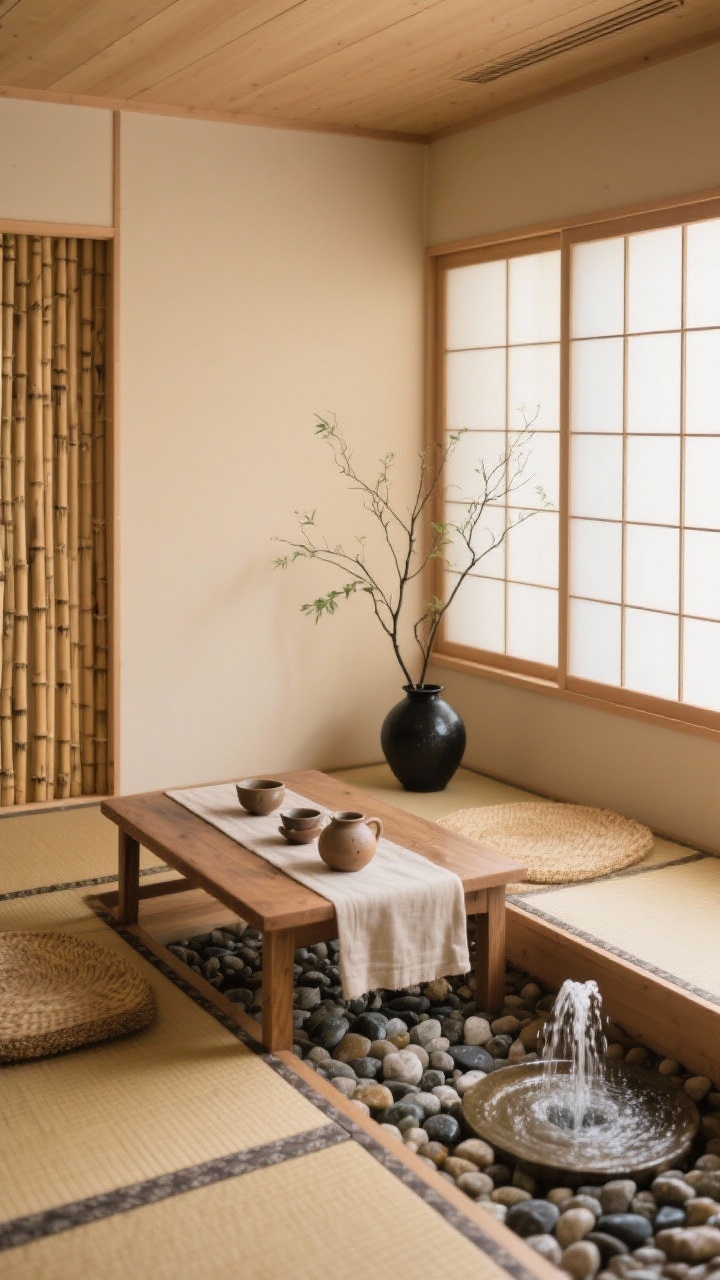 Photorealistic medium indoor tea nook, tatami-style: soft tatami mats, low chabudai table on a linen runner holding a hand-thrown tea set, adjacent shallow bed of polished pebbles, small bamboo fountain creating gentle water sound, shoji screen filtering light into a warm cream haze; natural palette of straw tans, warm bamboo, and soft cream; a single ikebana arrangement with graceful branches in a black ceramic vase as sculptural focal point; calm, intimate mood; corner-angle view with soft diffused daylight