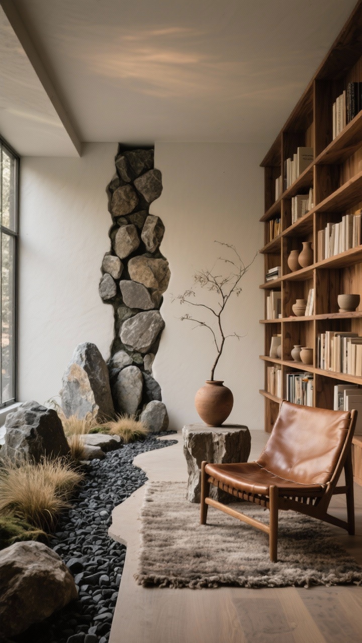 Photorealistic medium library interior, wabi-sabi rock garden: a narrow rock strip along one wall with uneven granite boulders, charcoal gravel, and tufts of sedge grass forming a visual river; adjacent open oak shelves filled with neutral-spined books and ceramics; low lounge chair in saddle leather next to a raw-edge side table; wool nubby rug underfoot; a clay vessel with a single seasonal branch; warm, contemplative lighting emphasizing patina and irregularity; straight-on view capturing both shelving and rock vignette