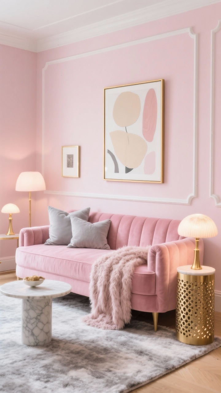 Photorealistic medium lounge scene: a Soft Glam pink setting with a mushroom-pink velvet daybed layered in tonal blush and soft gray pillows and a faux-mohair throw. Walls in light ballet pink with crisp white trim. A brass-framed abstract art print in creams and blush above the daybed, a round marble side table nearby, and a brass floor lantern with perforated cutouts casting delicate patterned light. A thick soft-gray wool rug anchors the space; dimmable brass lanterns and a small picture light enhance the calm, luxurious mood; no people.