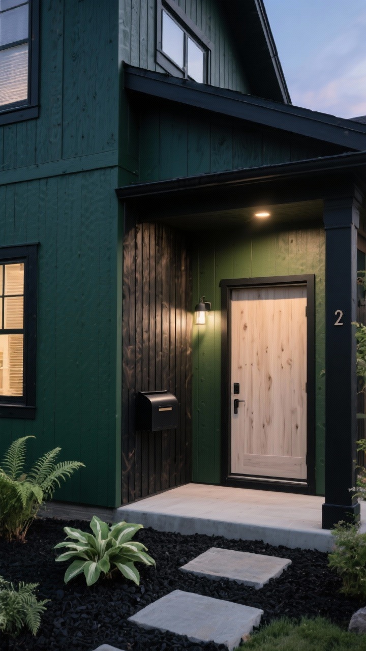 Photorealistic medium, moody exterior vignette in dusk light: deep forest green siding with velvety matte sheen, smoked off-black trim wrapping windows and eaves, black-stained cedar slat accent wall on the porch. A natural white oak door with clear UV finish and minimal graphite hardware, subtle down-lighting washing the siding. Ground plane shows architectural landscaping: ferns and hostas emerging from black mulch with stepping stones; matte black mailbox and house numbers aligned cleanly.