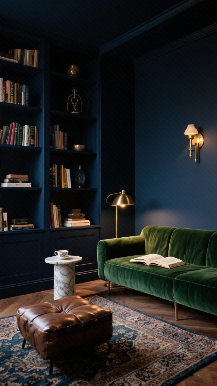 Photorealistic medium reading zone in a modern moody library: built-in shelves painted deep blue-black, filled with books and a few curated objects, velvet loveseat in forest green, brass pharmacy lamp aimed at an open book, wall sconce aglow for ambiance, small marble side table with a tea cup, Persian-style rug underfoot, leather ottoman; textures of velvet, leather, wool, aged wood; low, warm lighting; cocooning late-night mood; slight side angle.