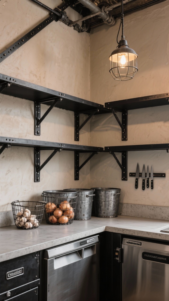 Photorealistic medium shot angled from below to emphasize height in an industrial pantry: blackened steel shelves with cross-bracing, exposed brackets and visible rivets; a concrete-look counter; rugged metal bins; wire baskets for onions and garlic; deep restaurant-style cambros for bulk staples; magnetic knife strip mounted on a warm greige plaster wall. Overhead, a single caged pendant casting a workshop glow. Greige, blackened steel, and concrete gray palette with hardworking texture.