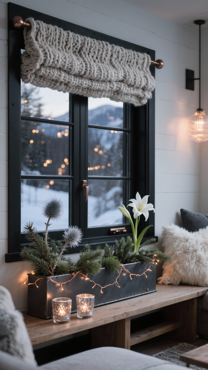 Photorealistic medium shot at slight corner angle of a modern living room with black-framed windows. A charcoal metal trough window box holds spruce tips, frosted thistle, and white amaryllis. Copper-wire fairy lights thread through the greens, with two battery-operated mercury glass votives nestled inside for added shimmer. Above the window, a chunky knit garland hangs from the curtain rod; below, sheepskin pillows rest on a bench for chalet ambiance. Palette: charcoal, ivory, soft metallics. Evening glow with twinkling highlights, après-ski chic.