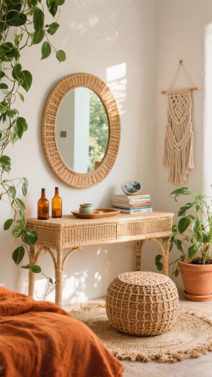 Photorealistic medium shot, boho rattan vanity scene: rattan console used as a vanity with a rounded cane mirror above, woven pouf as seating. Layered textures: seagrass rug underfoot, terracotta planter with trailing pothos, macramé wall hanging to the side. Warm white walls with sun-kissed feel, olive green accents and burnt-orange textiles. Vanity styling: ceramic tray, amber glass bottles, tiny stack of travel guides. Soft, golden-hour natural light; relaxed, earthy vibe.