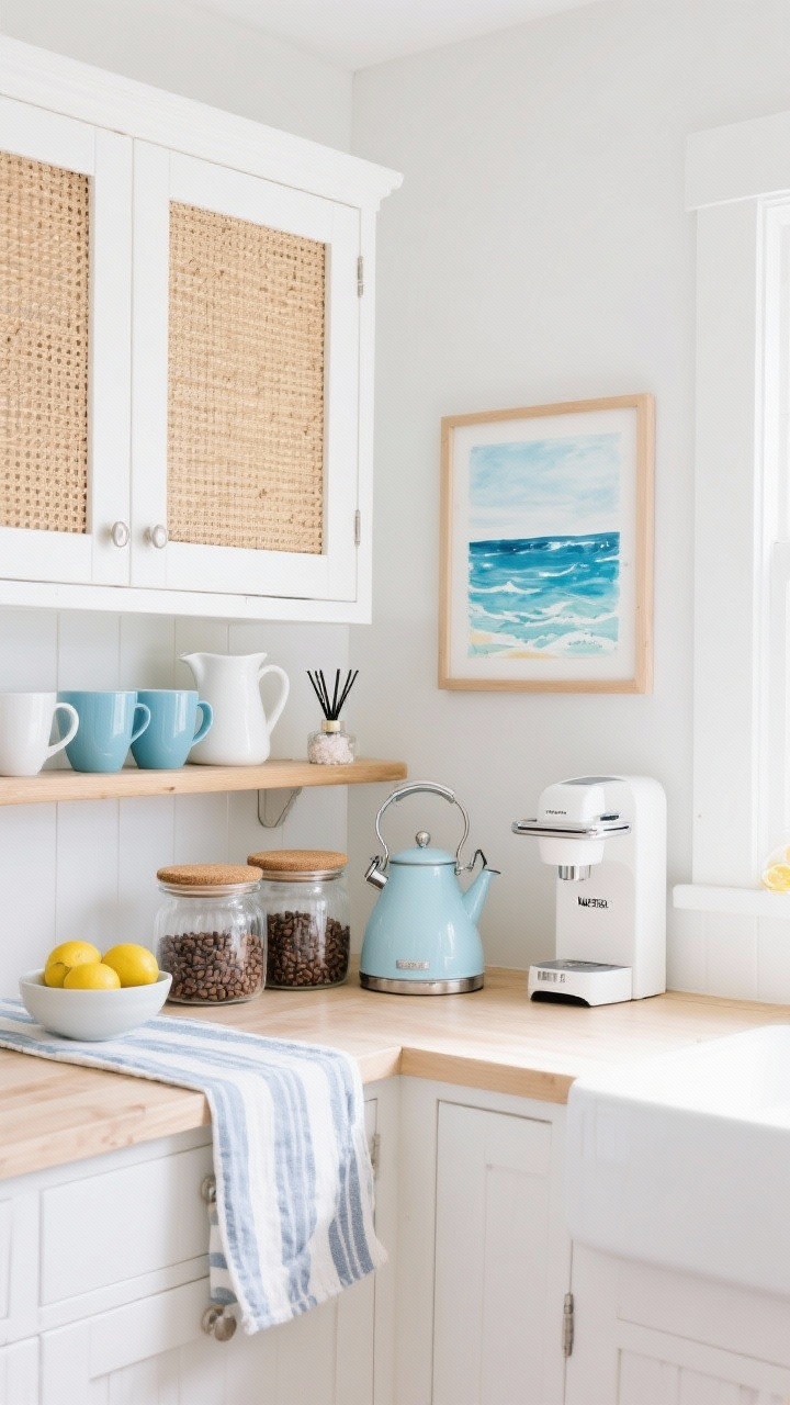 Photorealistic medium shot, bright straight-on view: coastal breeze coffee bar with a white shaker cabinet fitted with rattan-front doors; open shelves styled with sky-blue mugs, white pitchers, a striped cotton runner; pale blue kettle and white Nespresso machine on the counter; beans stored in glass jars with cork lids; small bowl of fresh lemons; watercolor ocean print hanging above; color story of white, sky blue, sandy beige, light oak; materials include rattan, glass, cotton, brushed nickel; airy daylight; sea salt and citrus diffuser on the shelf