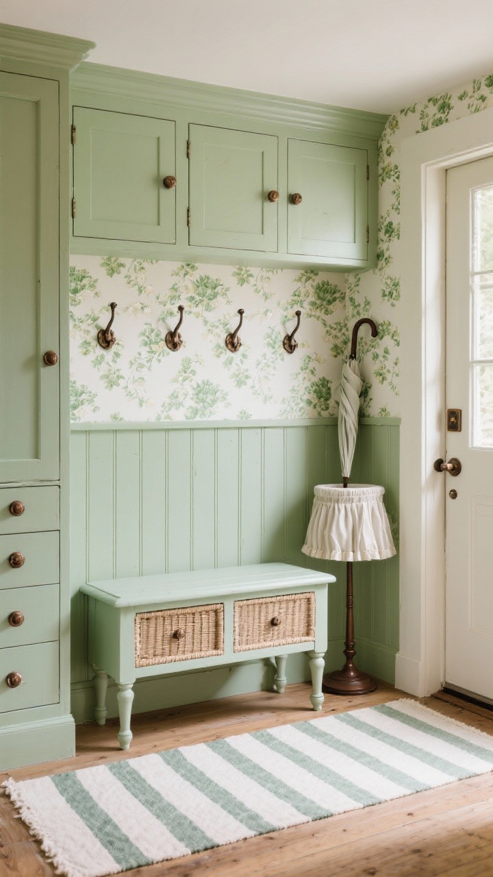 Photorealistic medium shot, classic cottage entry: beadboard locker wall painted soft sage green with upper cabinets; behind the hooks a delicate cream-and-green floral wallpaper peeks through; a spindle-leg bench with cane-front drawers beneath, styled with a striped runner on the floor leading through; vintage oil-rubbed bronze knobs on cabinetry, a skirted umbrella stand nearby; soft, welcoming light; straight-on composition for symmetry and charm.
