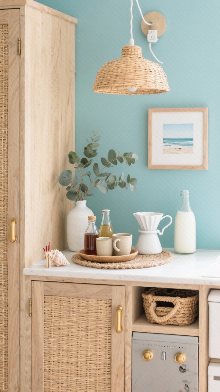Photorealistic medium shot, Coastal Cane Cabinet Cove: narrow cane-front cabinet in light oak set against a sea-glass blue backdrop; woven textures throughout—rattan tray corralling syrups, jute placemat under the machine, small rope-handle basket for pods; brushed brass/champagne gold handles; tiny framed coastal photograph for serenity; white ceramic dripper and pale stoneware mugs; eucalyptus in a white bud vase, seashell match striker, and a glass milk bottle; woven pendant plug-in overhead casting a warm, textured glow; breezy, beach-house vibe, slight off-center composition.