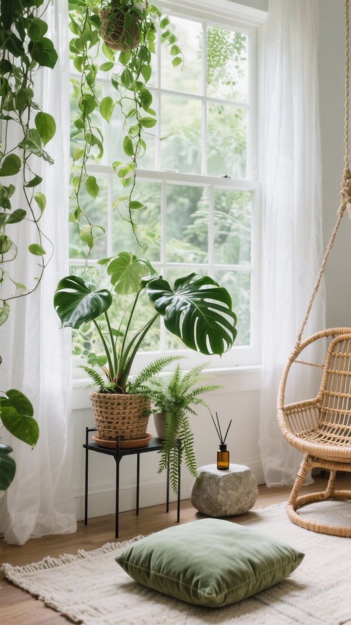 Photorealistic medium shot focused on a botanical window retreat: a bright window wall framed with layered greenery—trailing pothos, sculptural monstera, petite ferns arranged on a slim black metal plant stand and nearby surfaces. Base elements include a light linen rug and a sage velvet meditation cushion. A rattan hanging chair is partially visible to one side, with a stone essential oil diffuser on a small surface. Sheer white curtains soften the daylight. Colors: leafy green, soft white, natural rattan; textures: woven cane, linen, matte ceramic, glossy leaves; fresh, greenhouse vibe; no people.