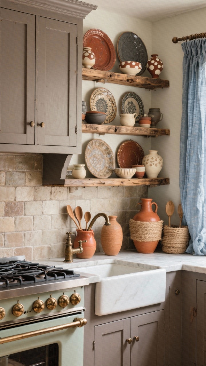Photorealistic medium shot focused on a handcrafted pottery wall vignette: mushroom taupe cabinets beneath thick reclaimed oak shelves densely styled with hand-thrown pottery in rust, cream, and slate; a plate-led gallery wall around a vintage range mixing sizes, glazes, and shapes; chambray linen curtains filtering light, a stone farmhouse sink with a patinated bronze faucet, and accents like wooden spoons in terracotta crocks and jute-wrapped demijohns; stacked handmade warm greige tile backsplash; soft afternoon light, slight corner angle.
