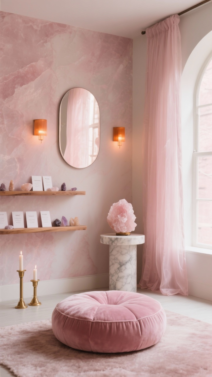 Photorealistic medium shot from a corner angle: a Rose Quartz sanctuary featuring a rose quartz–tinted accent wall, a round dusty-pink velvet floor cushion in the foreground, and a curved arched mirror reflecting soft light. A floating oak shelf displays crystals and intention cards in neat groupings. A low marble pedestal at center holds a rose quartz cluster as the focal point. Sheer blush curtains diffuse daylight across brass candleholders that add warm shimmer; warm amber dimmable sconce glow; tactile, mystical mood; no people.