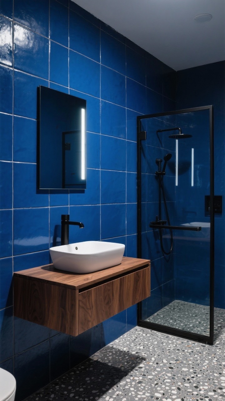 Photorealistic medium shot from a corner angle: a bold ink-blue oversized hex tile feature wall floor-to-ceiling, with the rest of the room in matching matte navy paint; floating walnut vanity with a white vessel sink and a thin matte black faucet; black-framed glass shower panel; linear LED mirror emitting cool, dimmable light; graphite terrazzo floor adding speckled texture. Intentional, sleek, cool mood.