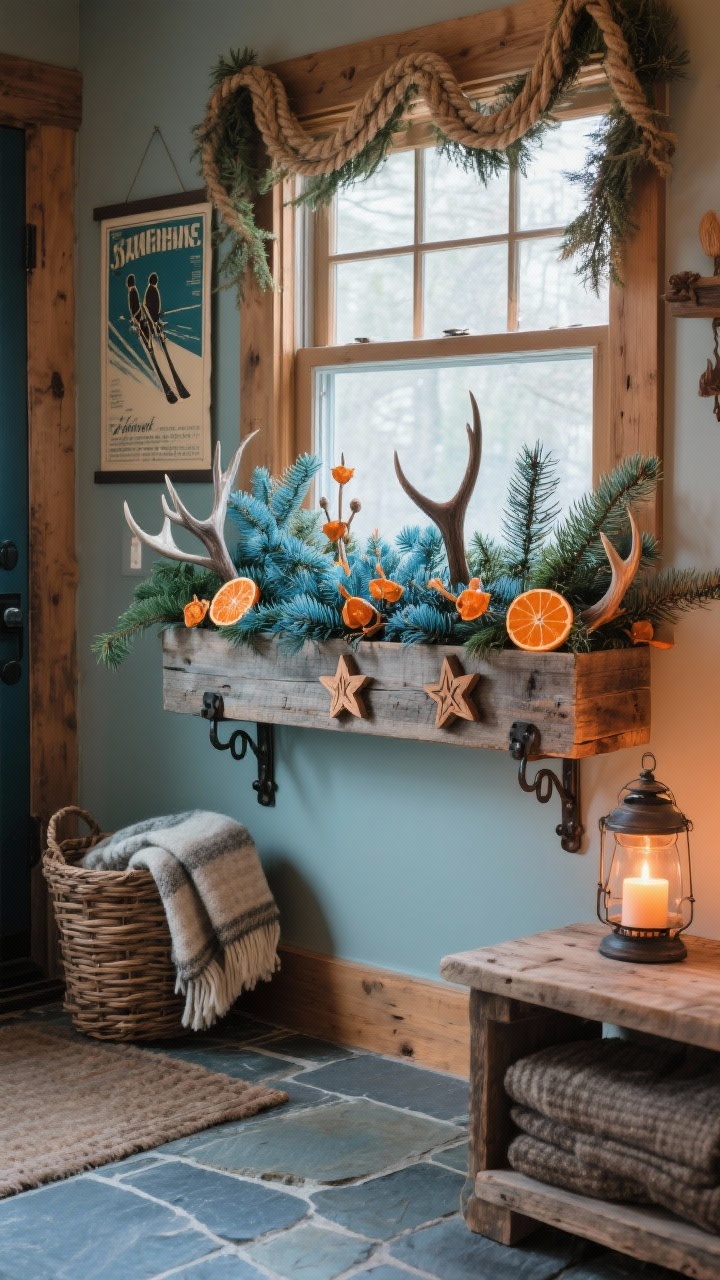 Photorealistic medium shot from a corner angle in a mudroom or entry with stone or slate flooring. A reclaimed wood window box with iron brackets is packed with blue spruce, juniper, and dried orange slices that catch a warm ember glow. Tiny antler picks and carved wood stars tuck into the greens. Above, a vintage ski poster hangs; a rope garland coils across the top of the window for rugged texture. Nearby: a basket with a folded wool blanket and a lantern holding a pillar candle on the sill. Palette: weathered wood, spruce blue-green, ember orange. Cozy, rustic lodge feel.