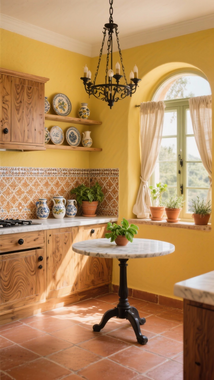Photorealistic medium shot from a corner angle of a sunlit villa kitchen: butter-yellow walls, terracotta floor tiles, natural olivewood cabinets with swirling grain and matte black iron pulls; open shelves with glossy ceramic pitchers and hand-painted plates; Moroccan-inspired mosaic backsplash in warm sienna and cream; wrought-iron chandelier over a small round marble bistro table; arched windows with linen cafe curtains and terracotta pots of basil and thyme on the sill; bright morning sunlight streaming in.