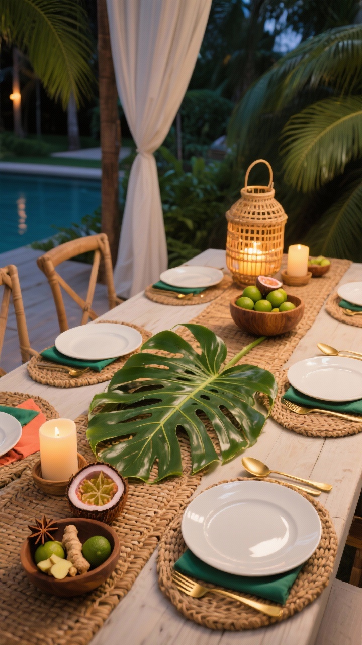 Photorealistic medium shot from a corner angle of a tropical canopy table: a cane-weave runner with layered woven placemats, large monstera and palm leaves fanned directly on the table as a living runner. Coconut shells and wooden bowls filled with limes and passion fruit add vibrant pops. Place settings include glossy white plates, gold flatware, and emerald or coral napkins. Rattan lanterns with warm LED candles provide layered height and glow. A small dish of star anise and sliced ginger adds aromatic detail. Lush, evening vacation ambiance.