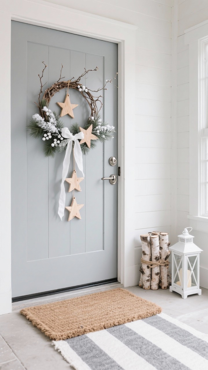 Photorealistic medium shot from a slight corner angle of a light gray front door featuring a thin, bare grapevine wreath tucked with white-tipped cedar sprigs, birch bark star accents, and scattered faux snowberries. A slender white linen ribbon hangs simply, with a couple of pale wood ornaments adding warmth. Brushed nickel hardware, a natural jute doormat layered over a gray-and-white striped runner, small birch logs bundled with twine, and a white lantern to one side. Soft, cool daylight for a serene Nordic feel.