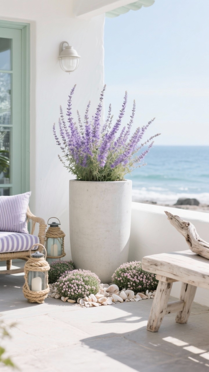 Photorealistic medium shot from a slight corner angle of a tall, pale concrete cylinder planter on a patio by a coastal-inspired setting. Russian Sage (Perovskia) creates airy lilac plumes softening the planter’s height, with tidy mounds of Sea Thrift (Armeria) at the base. Crushed seashells used as mulch sparkle. Include striped cushions on a chair, rope-wrapped lanterns, and a piece of driftwood or bleached wood bench. Palette: misty lavender, seafoam green, pale stone, white accents. Bright, breezy coastal light with soft shadows.