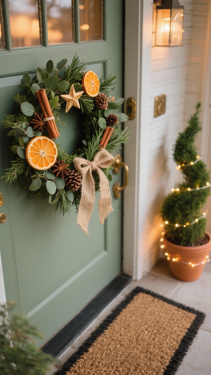 Photorealistic medium shot from a slight overhead angle capturing a mixed-green wreath adorned with dried orange slices, bundles of cinnamon sticks, and star anise, tied with a natural jute/linen ribbon. Olive eucalyptus sprigs and small pinecones balance the warm tones. Set against a muted sage door with antique brass hardware. Nearby: a natural coir doormat with simple border and terracotta pots holding rosemary topiaries wrapped in string lights. Warm, cozy dusk lighting evoking fragrant, organic comfort.