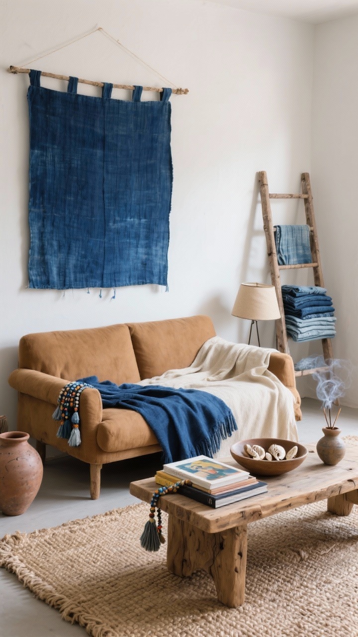 Photorealistic medium shot like an artist’s studio: camel-hued loveseat draped with a hand-dyed indigo throw; behind it, an indigo textile panel hung like artwork; rough-hewn unfinished wood bench as coffee table topped with art books and a ceramic incense holder with faint smoke; sisal rug underfoot; a pottery lamp and a ladder rack leaning nearby with neatly folded textiles; shallow bowl of cowrie shells and beaded tassels on the bench; tight palette of indigo, camel, ecru; soft, diffuse daylight.