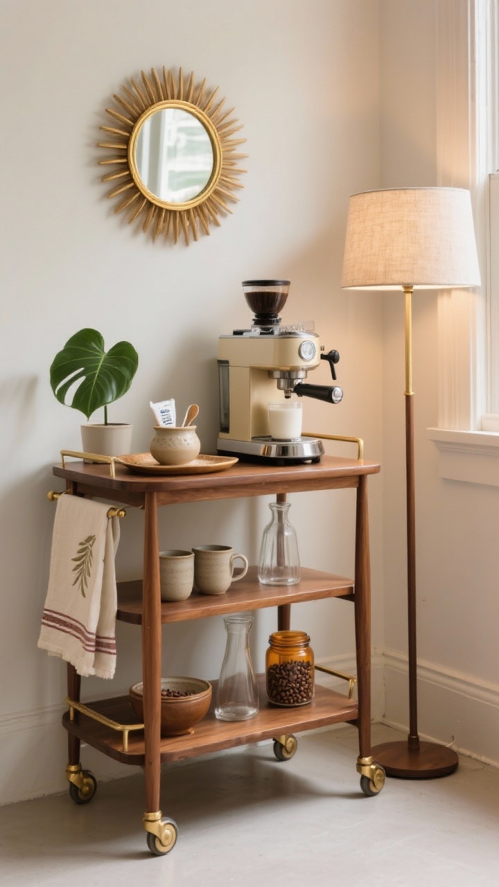 Photorealistic medium shot, Mid-Century Rolling Cart Corner: petite warm walnut bar cart with tapered legs and brass casters parked in an empty corner by a window; top tier styled with espresso machine, grinder, and milk frother on a brass-rimmed, heat-resistant tray; bottom tier with stoneware mugs, a glass carafe, and amber jars of spare beans; small ceramic catchall with sugar packets and teaspoons; round sunburst mirror leaned or hung above to echo mid-century vibes; retro tea towel and a small fiddle-leaf baby plant; soft illumination from a slim floor lamp with a linen shade beside the cart; warm, nostalgic palette, slight corner angle.